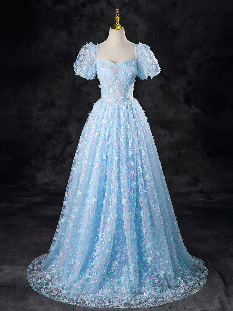 A-Line Tulle Sequin Lace Blue Long Prom Dress, Blue Long Formal Dress