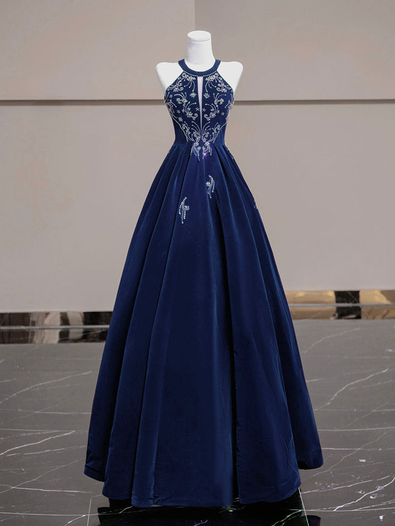 A-Line Velvet Beads Dark Blue Long Prom Dress, Blue Long Evening Dress