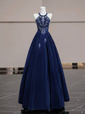 A-Line Velvet Beads Dark Blue Long Prom Dress, Blue Long Evening Dress