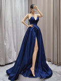 A-Line V Neck Satin Dark Blue Long Prom Dress, Dark Blue Long Evening Dress