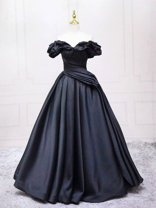 A-Line Sweetheart Neck Off Shoulder Satin Black Long Prom Dress
