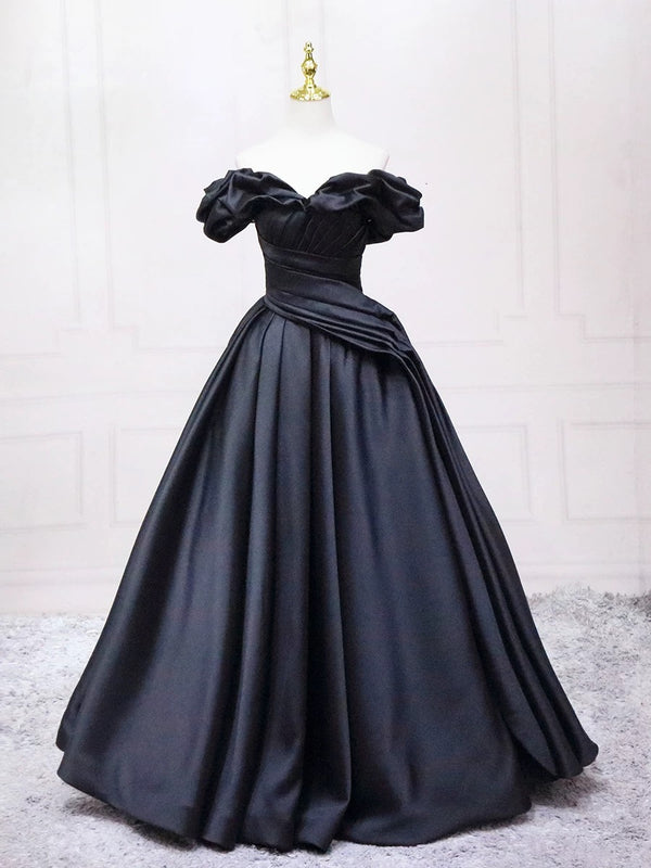 A-Line Sweetheart Neck Off Shoulder Satin Black Long Prom Dress