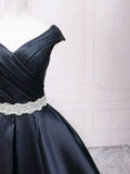 A-Line V Neck Satin Black Long Prom Dress, Black Long Evening Dress