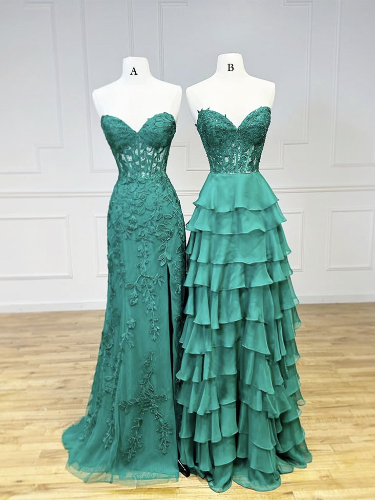 Green Sweetheart Neck Lace Long Prom Dress, Green Long Evening Dress