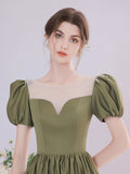 A-Line Green Satin Tea Length Prom Dress, Green Long Formal Dress