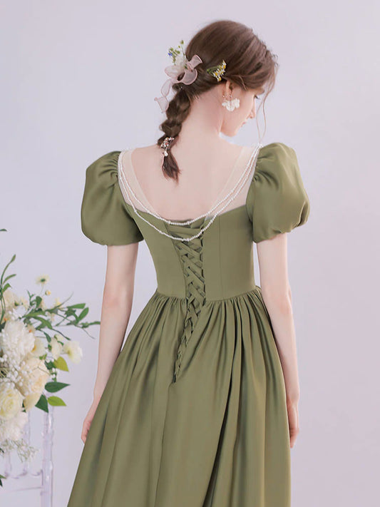 A-Line Green Satin Tea Length Prom Dress, Green Long Formal Dress