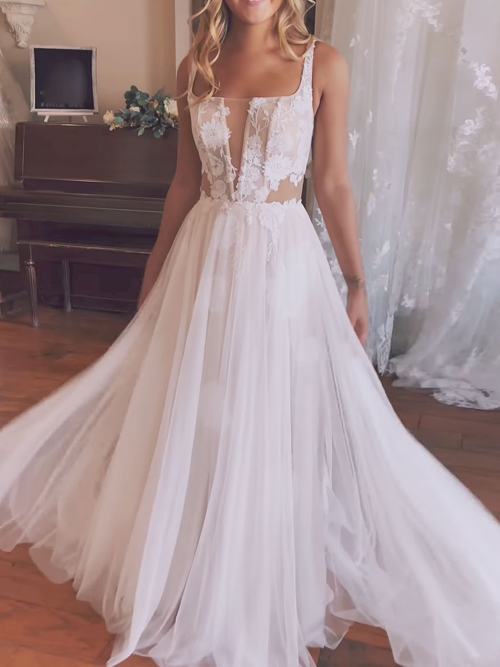 Aline Chiffon Lace White Long Prom Dress, Lace White Formal Evening Party Dress