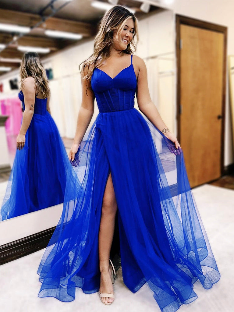 A-Line V Neck Tulle Blue Long Prom Dress, Blue Tulle Long Formal Dress
