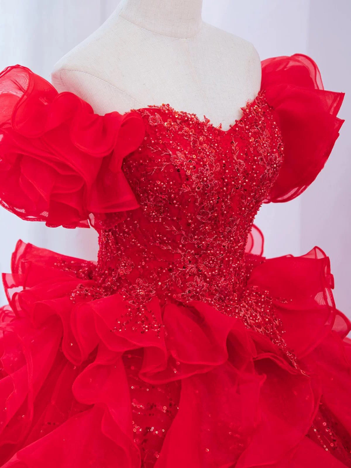 Red Sweetheart Neck Sequin Organza Long Prom Gown, Red Long Evening Dress