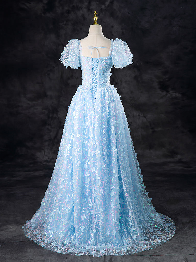 A-Line Tulle Sequin Lace Blue Long Prom Dress, Blue Long Formal Dress