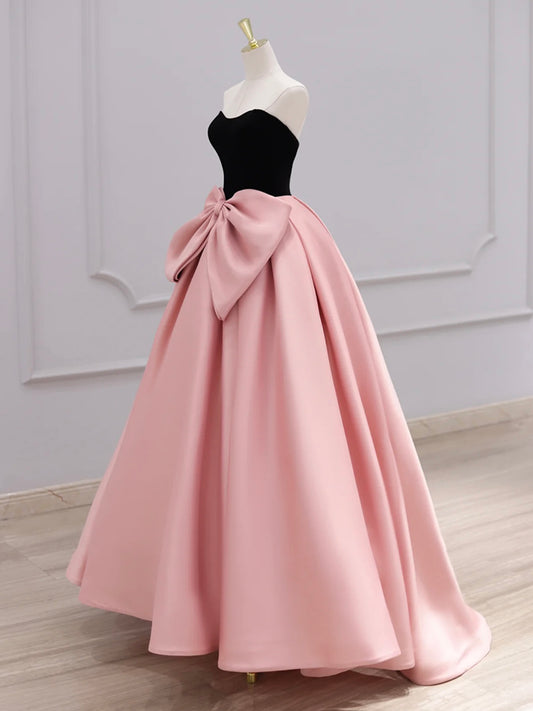 A-Line Sweetheart Neck Satin Velvet Pink Long Prom Dress, Pink Long Formal Dress