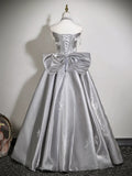 A-Line Off Shoulder Satin Gray Long Prom Dress, Gray Long Formal Dress