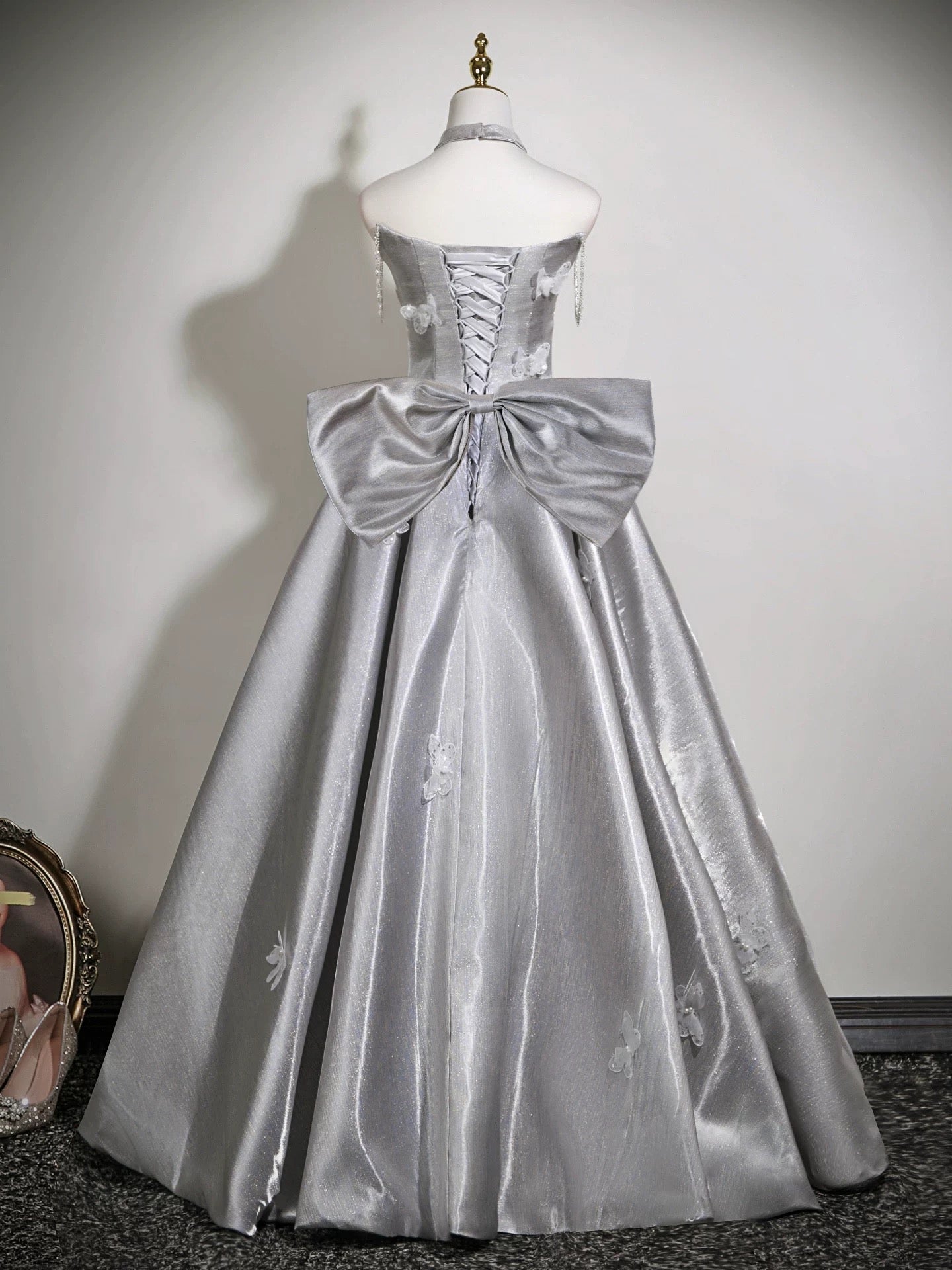 A-Line Off Shoulder Satin Gray Long Prom Dress, Gray Long Formal Dress