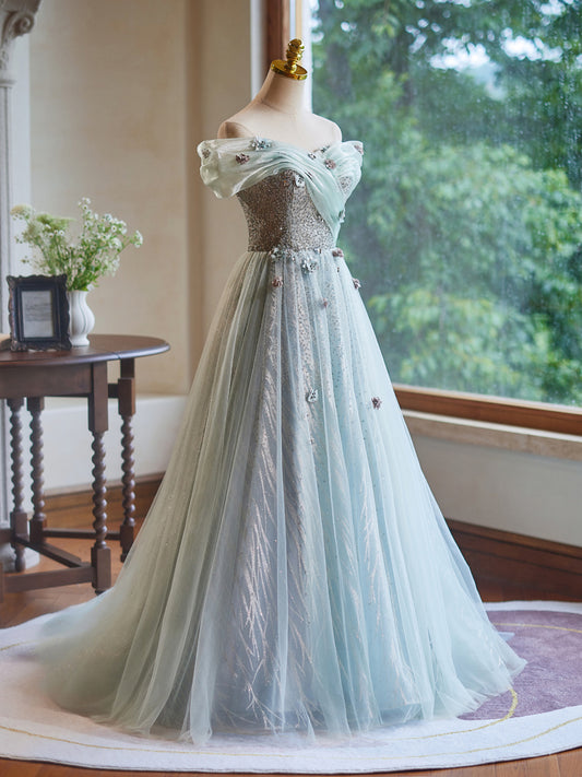 A-Line Off Shoulder Tulle Lace Green Long Prom Dress, Green Long Formal Dress