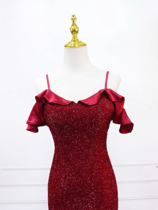 Mermaid V Neck Burgundy Long Prom Dress, Burgundy Long Evening Dress
