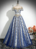 A-Line Round Neck Tulle Sequin Lace Blue Long Prom Dress, Blue Long Formal Dress