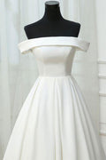 Simple white satin long prom dress, white evening dress