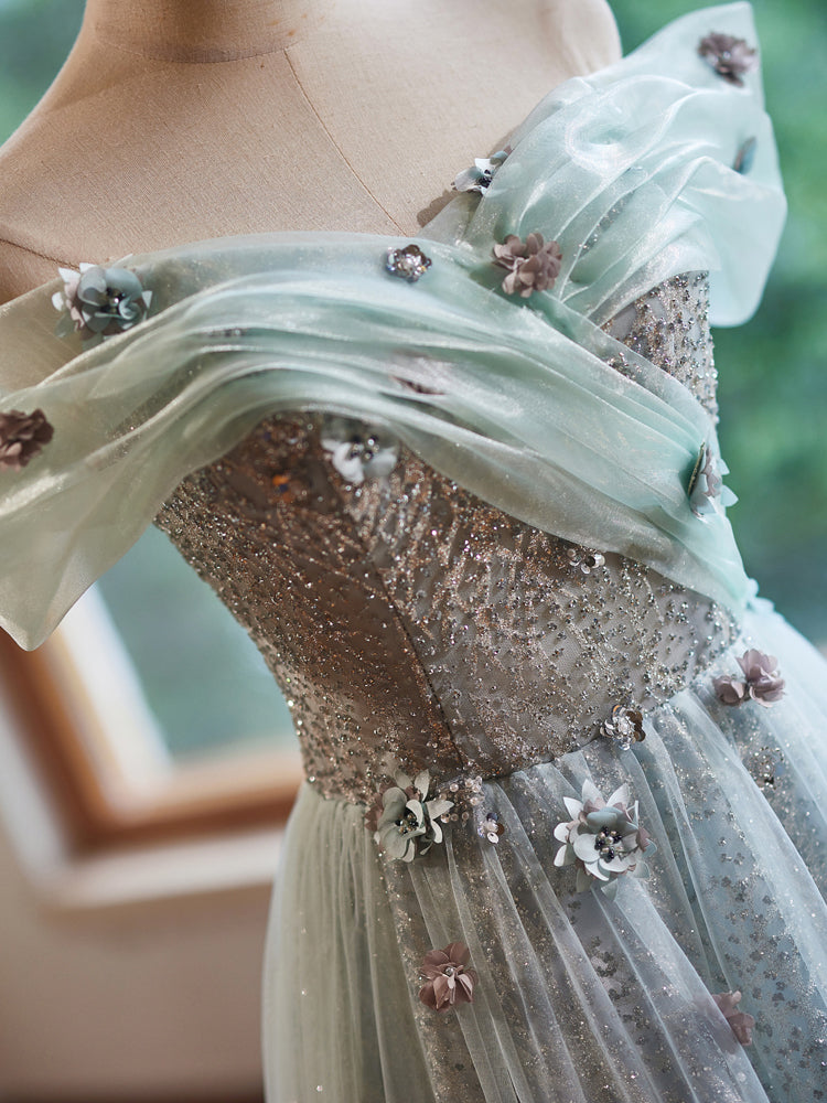 A-Line Off Shoulder Tulle Lace Green Long Prom Dress, Green Long Formal Dress