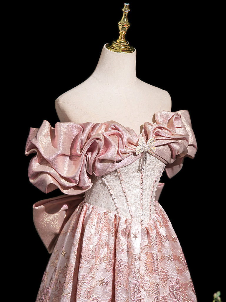 A-Line Off Shoulder Printed Satin Pink Long Prom Dress, Printed Satin Long Formal Dress