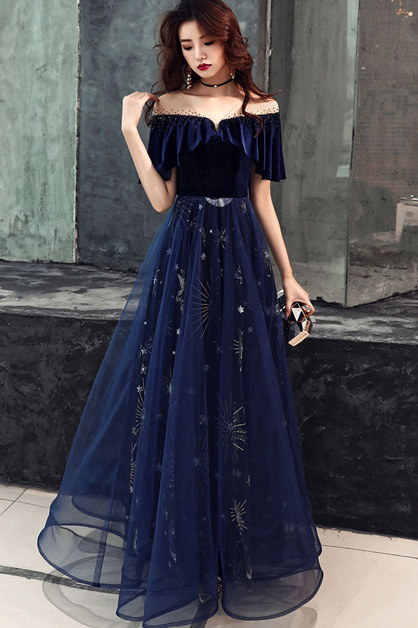 Blue tulle lace long prom dress, blue tulle evening dress