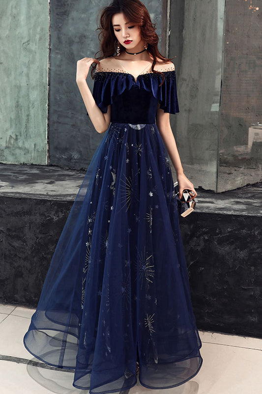 Blue tulle lace long prom dress, blue tulle evening dress