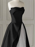 A-Line Tulle Satin Black/White Long Prom Dress. Black Long Formal Dress