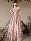A-Line Off Shoulder Satin Pink Long Prom Dress, Pink Long Evening Dress