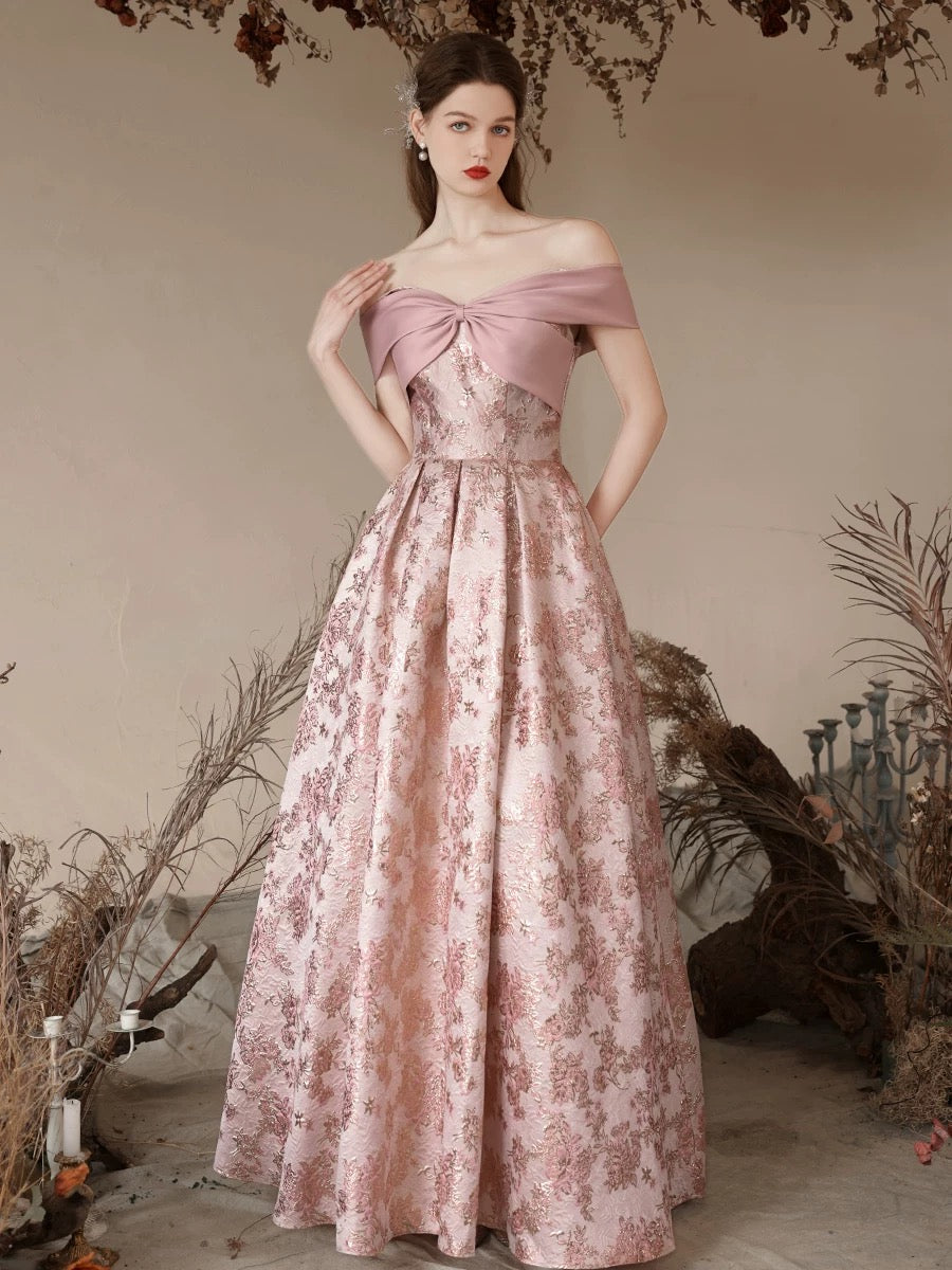 A-Line Off Shoulder Satin Pink Long Prom Dress, Pink Long Evening Dress