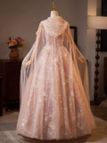 A-Line Tulle Lace Pink Long Prom Dress, Pink Lace Long Formal Dress