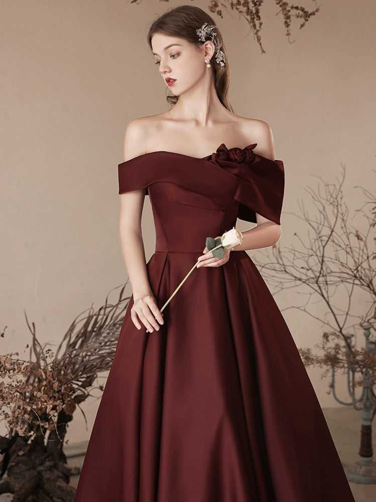 A-Line Off Shoulder Satin Burgundy Long Prom Dress, Burgundy Long Formal Dress