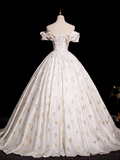 A-Line Off Shoulder Printed Satin Light Champagne Long Prom Dress