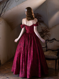 A-Line Off Shoulder Printed Satin Burgundy Long Prom Dress, Burgundy Long Formal Dress