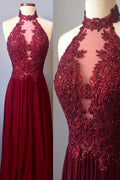 burgundy lace high neck long prom dress, burgundy evening dress