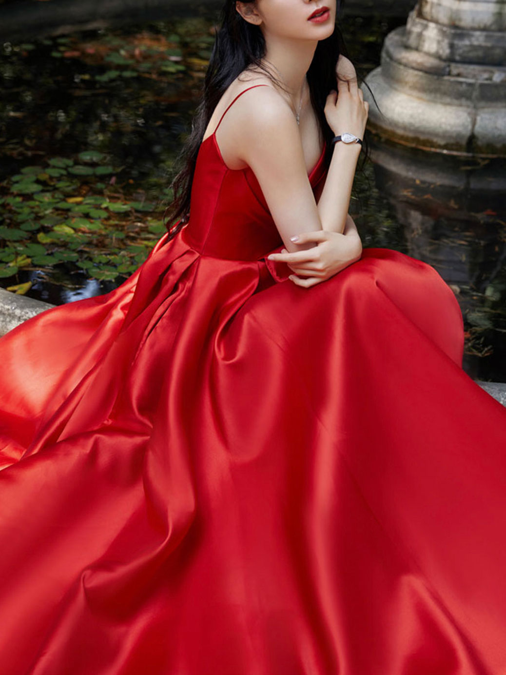 Simple red v neck satin long prom dress, red evening dress