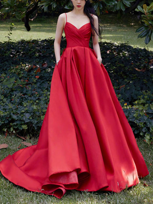 Simple red v neck satin long prom dress, red evening dress