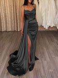Unique mermaid satin long prom dress red long formal party dress