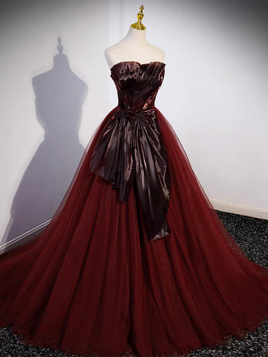 A- Line Tulle Burgundy Long Prom Dress, Burgundy Tulle Formal Dress