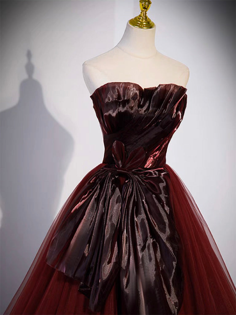 A- Line Tulle Burgundy Long Prom Dress, Burgundy Tulle Formal Dress