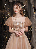 A-Line Tulle Lace Champagne Long Prom Dress, Champagne Long Formal Dress