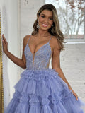 Blue V Neck Lace Tulle Long Prom Dress, Blue Long Graduation Dress