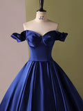 A-Line Off Shoulder Satin Blue Long Prom Dress, Blue Long Formal Dress