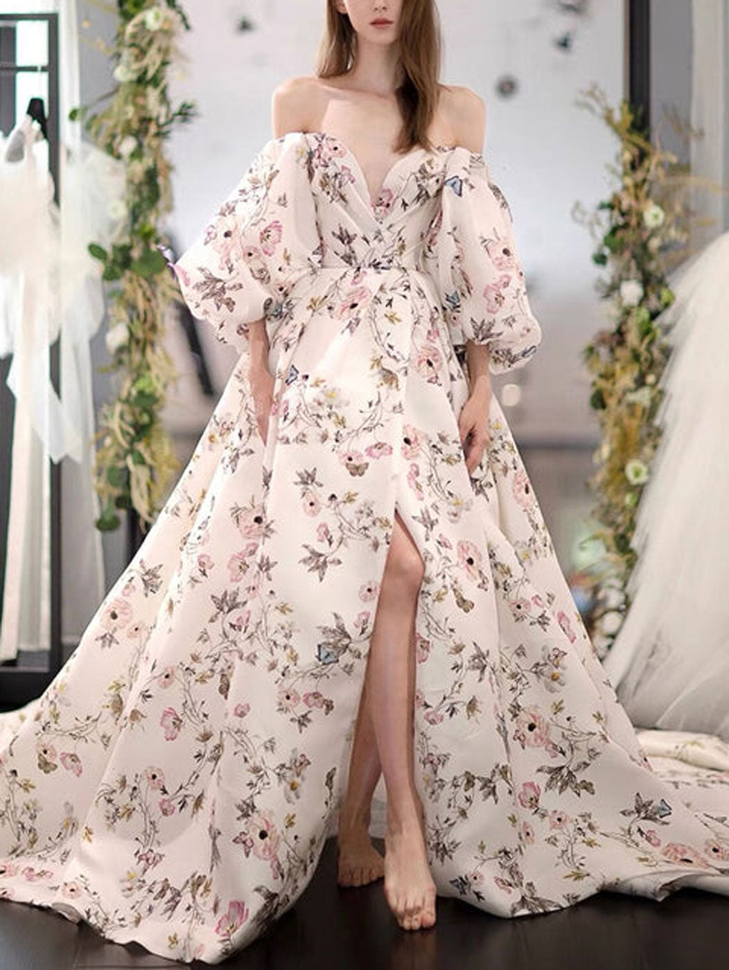 Unique puff sleeves satin long prom dress, puff satin long evening dress