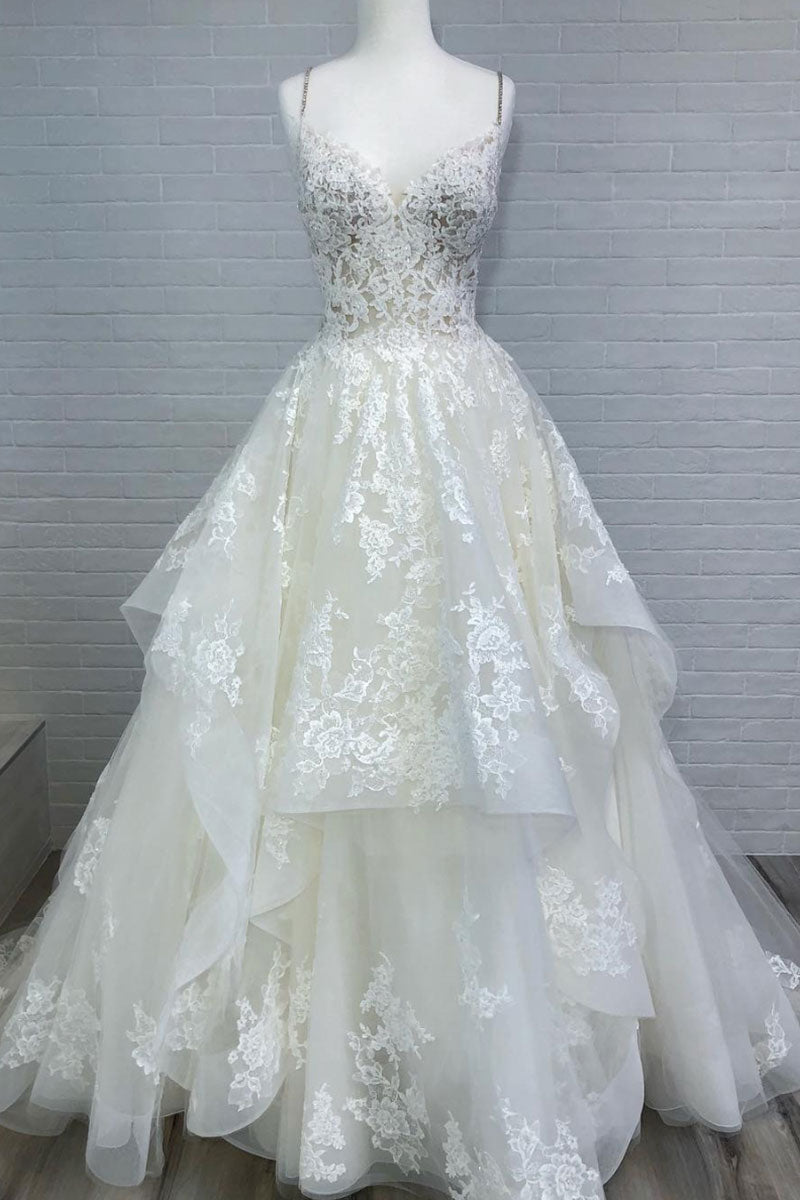 Cream v neck lace tulle long prom dress, evening dress