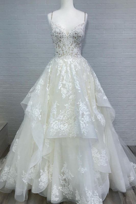 Cream v neck lace tulle long prom dress, evening dress