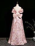 A-Line Off Shoulder Printed Satin Pink Long Prom Dress, Printed Satin Long Formal Dress