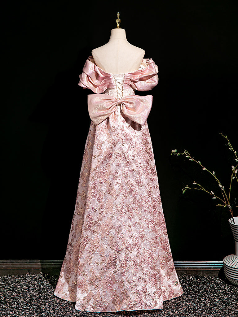 A-Line Off Shoulder Printed Satin Pink Long Prom Dress, Printed Satin Long Formal Dress
