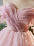A-Line Off Shoulder Tulle Pink Short Prom Dress, Pink Homecoming Dress