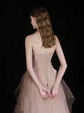 A-Line Champagne Tulle Beads Long Prom Dress, Champagne Tulle Long Formal Dress