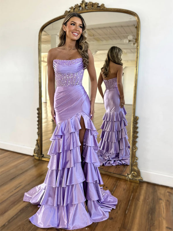 Mermaid Satin Lace Purple Long Prom Dress, Purple Long Evening Dress