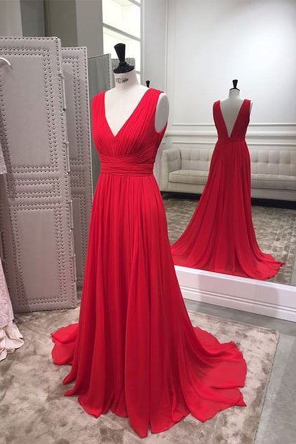 Simple red v neck chiffon long prom dress, red evening dress